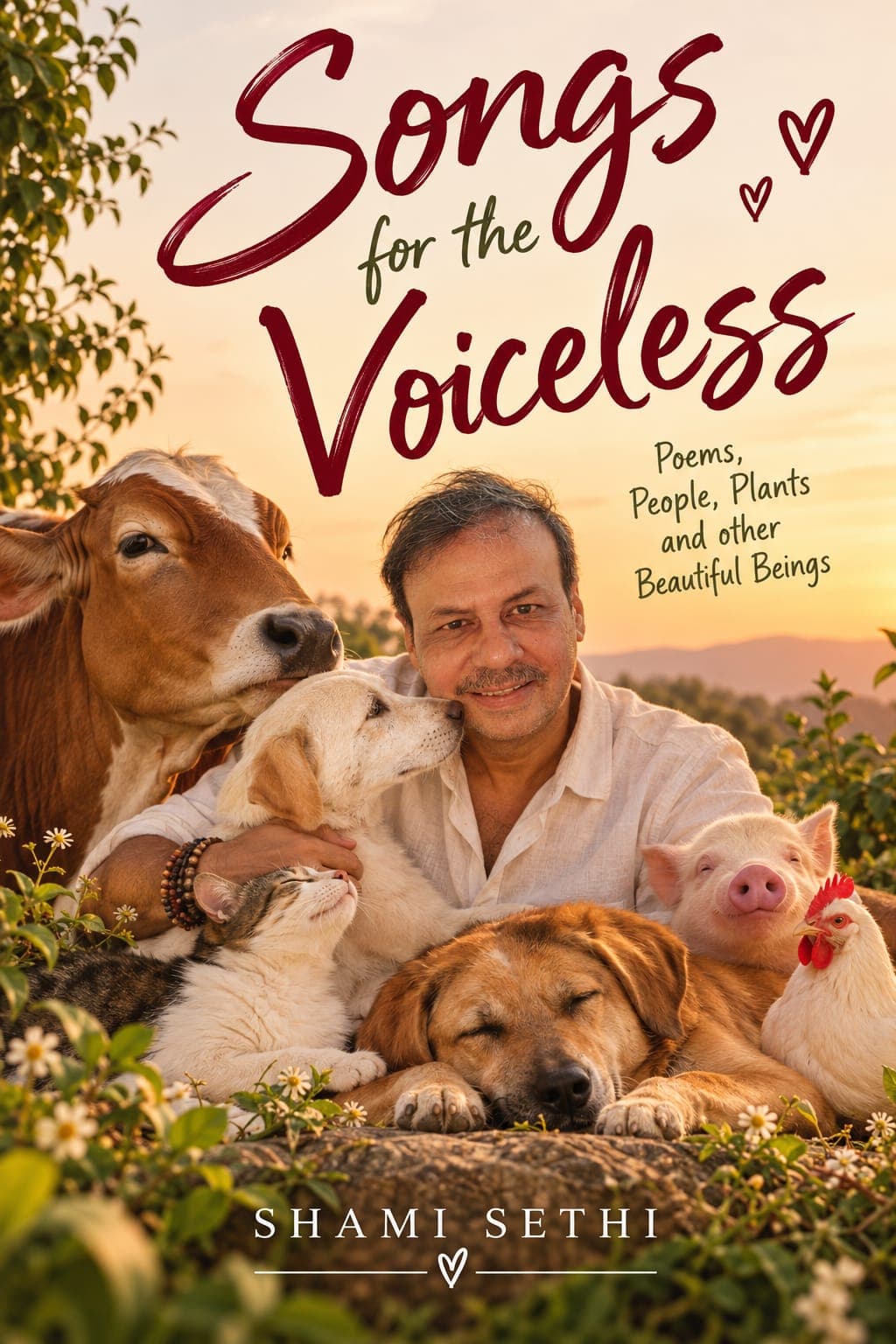 Songs for the Voiceless by Shami Sethi, front cover: the author at sunset with a cow, two dogs, a cat, a piglet and a hen