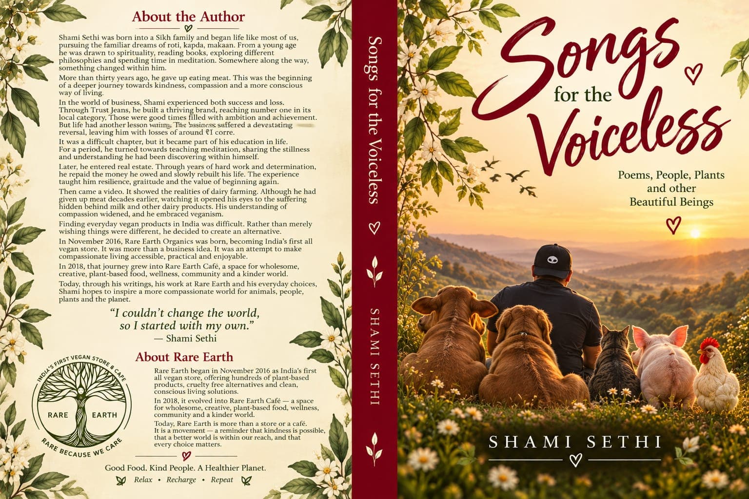 The full jacket of Songs for the Voiceless, with the author's story on the back cover